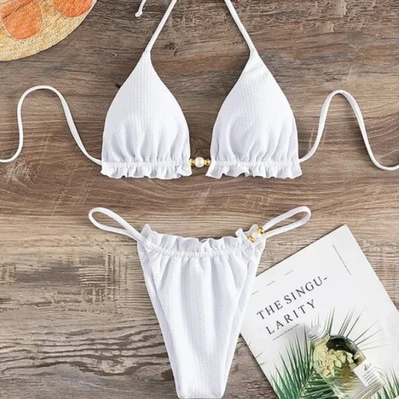 SHEIN Swim White Bikini Set With Pearls Poshmark